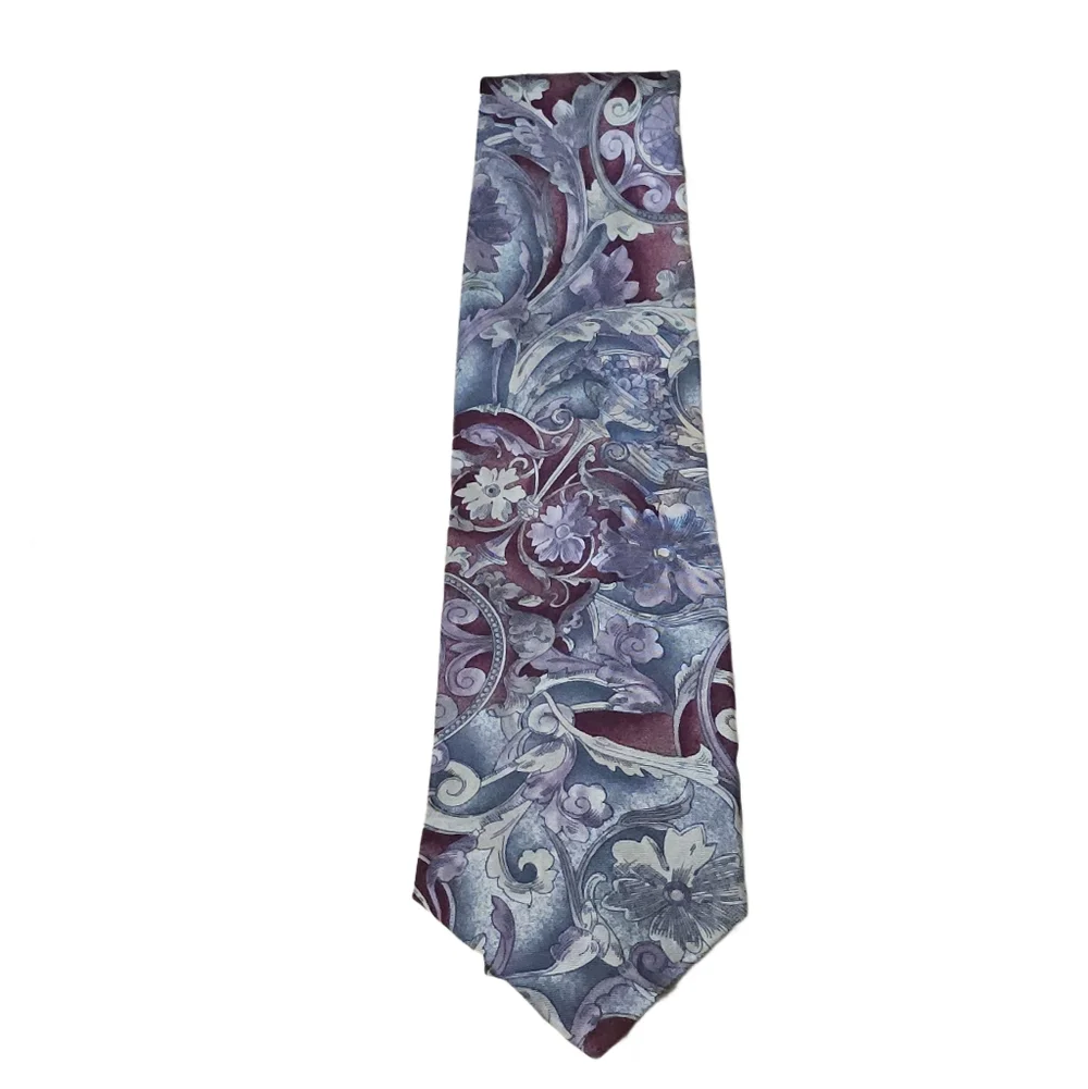 Bill Blass Silk Tie Floral Baroque Paisley Burgundy Blue Gray Classic Vintage